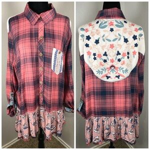 John Mark Plaid Mix Print Top Size XL